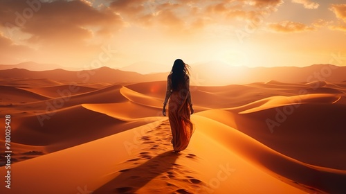 A solitary female figure walks on the orange sands of vast dunes  leaving footprints as the sun sets on the horizon