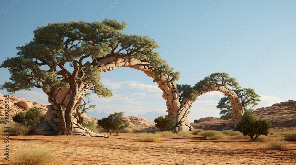 A whimsical scene featuring uniquely twisted archway trees creating an enchanted walkway in a desert