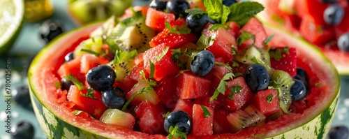 Watermelon and mixed fruit salad with fresh berries and kiwi slices.