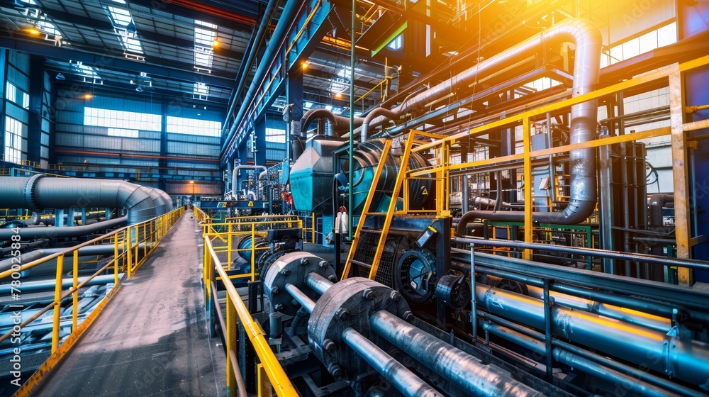 Vivid industrial landscape of pipe and valve systems inside a manufacturing plant.