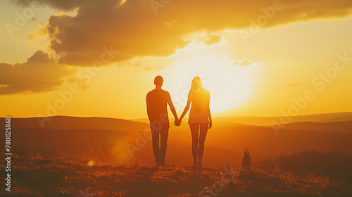 Silhouette of a couple holding hands against a vibrant sunset sky, a symbol of love and partnership - suitable for social media posts, relationship articles, and love-themed events photo