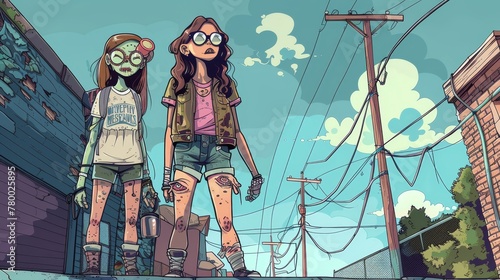 Illustration without draw line, kawaii zombie make, full-body-length, westcoast street culture, indipendent character,scientist, two girls photo