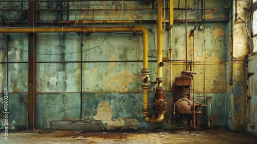 Weathered industrial backdrop with rusty pipes and faded wall paint.