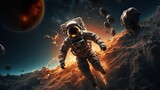 Intense scene with an astronaut drifting amid asteroids and a nearby burning planet under a dramatic orange cloudscape
