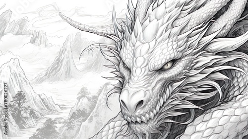 Impeccably sketched dragon portrait capturing intricate details  placed against a serene mountainous landscape