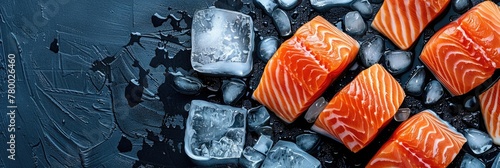 horizontal banner for fish market, fresh seafood, salmon slices lying on crushed ice, ice cubes, food preservation, background, copy space, free space for text photo