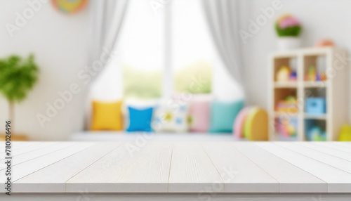 Wooden desk on blurred interior background of children's room or kindergarten, montage of products and space for text
 photo