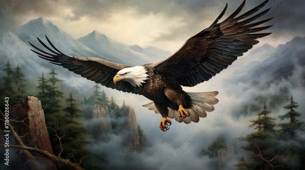 Obraz premium An awe-inspiring image of a bald eagle in flight over a foggy, densely forested landscape with towering cliffs and distant mountains