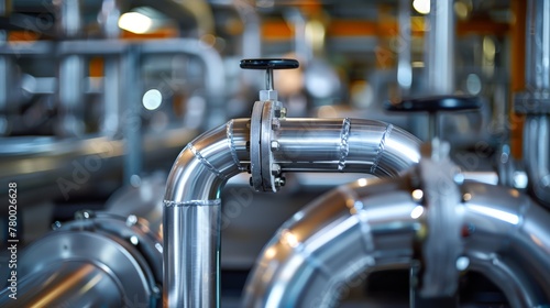 Shiny metal pipelines with valves in a modern brewery. Industrial stainless steel pipes with bolted flanges photo
