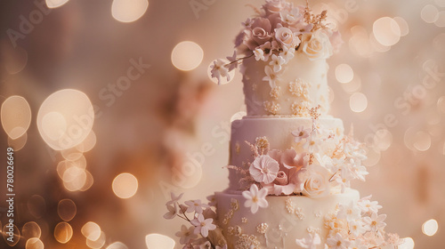 Luxurious wedding cake adorned with flowers and pearls, set against a bokeh background. Perfect for upscale bakery marketing and bridal magazines. photo