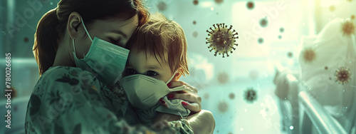 a mother with a baby in a hospital wearing protective masks photo