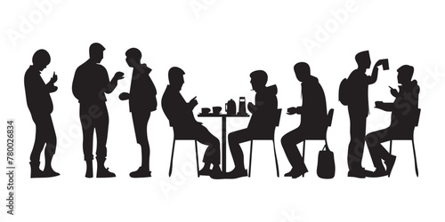 Silhouette of a group of workers enjoying a break together. Businessman silhouette in cafe vector illustration 