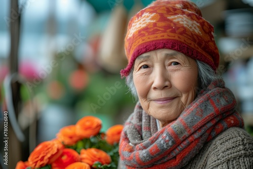 Woman farmer, female portrait. Backdrop with selective focus and copy space