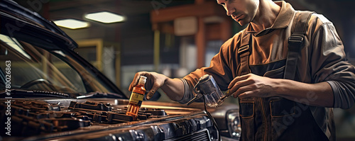 Car mechanic replace oil in vehicle.
