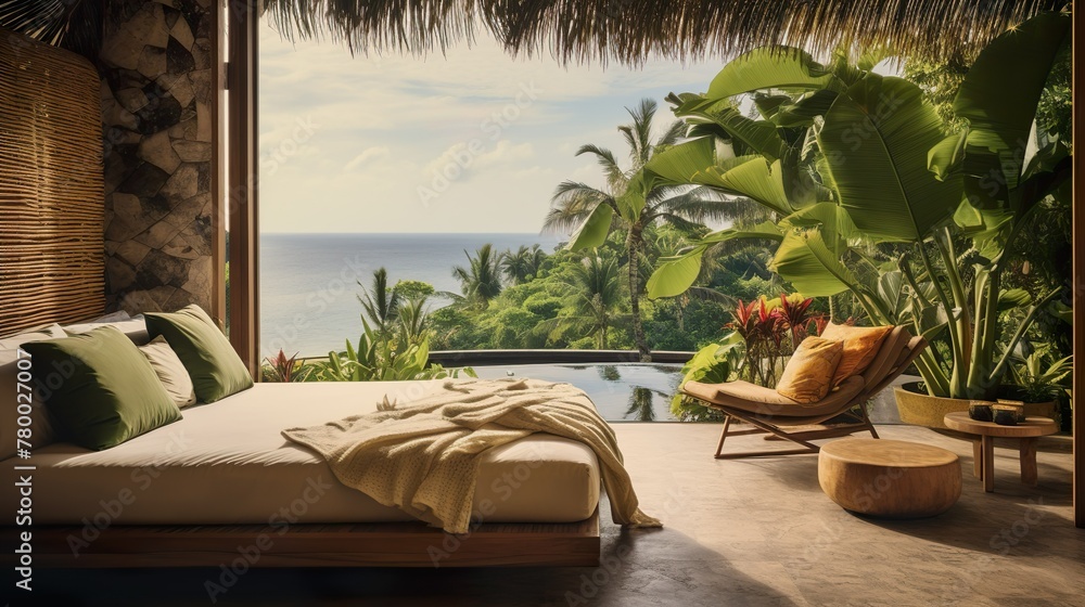 A luxury tropical resort villa featuring a plush bed, lush greenery, and a stunning ocean view, conveying relaxation and vacation vibes