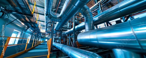 Network of glossy blue pipes in industrial facility