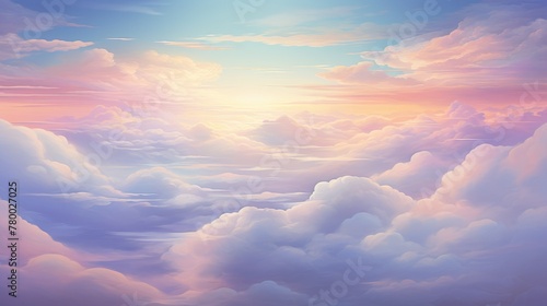 Mystical digital art of a soft pastel-hued sunset amidst fluffy clouds resonates with peace and dreamlike serenity photo
