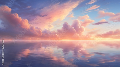 A breathtaking view of a vivid sunset with dramatic clouds reflected over a calm sea, invoking a sense of peace © Damerfie