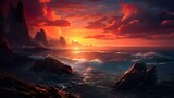 An imaginary world comes alive with a striking sunset backdrop and mystical rocky spires surrounded by ocean