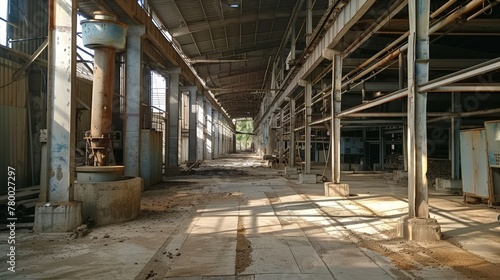 Deserted manufacturing plant with columns and scattered debris. Industrial photography. Urban exploration and abandonment theme.