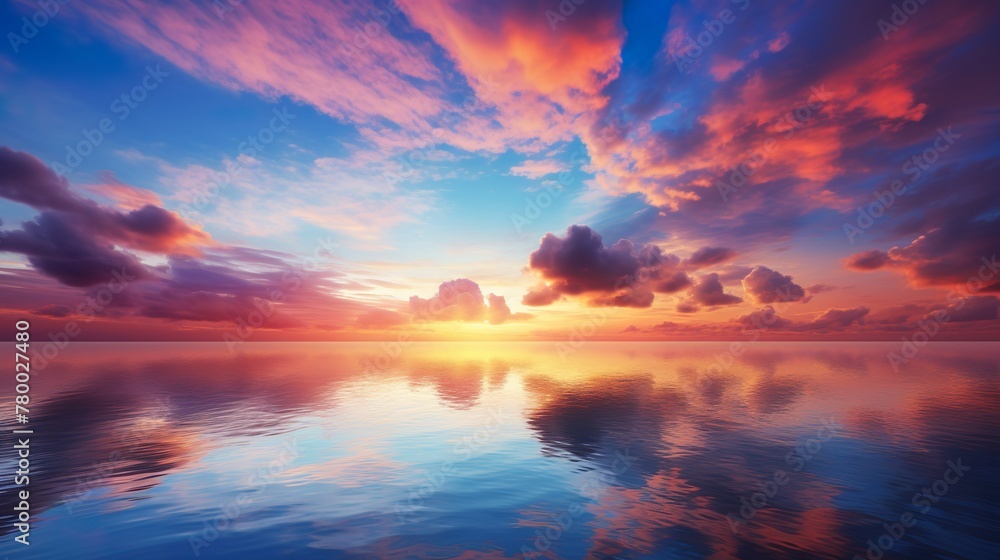 Calm sea provides a mirror reflection for the colorful sunset clouds in a harmonious sky seascape