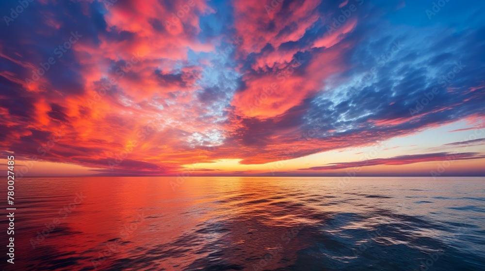 Striking clouds part as the sun sets over the ocean, painting the scene with dramatic shades of red and blue
