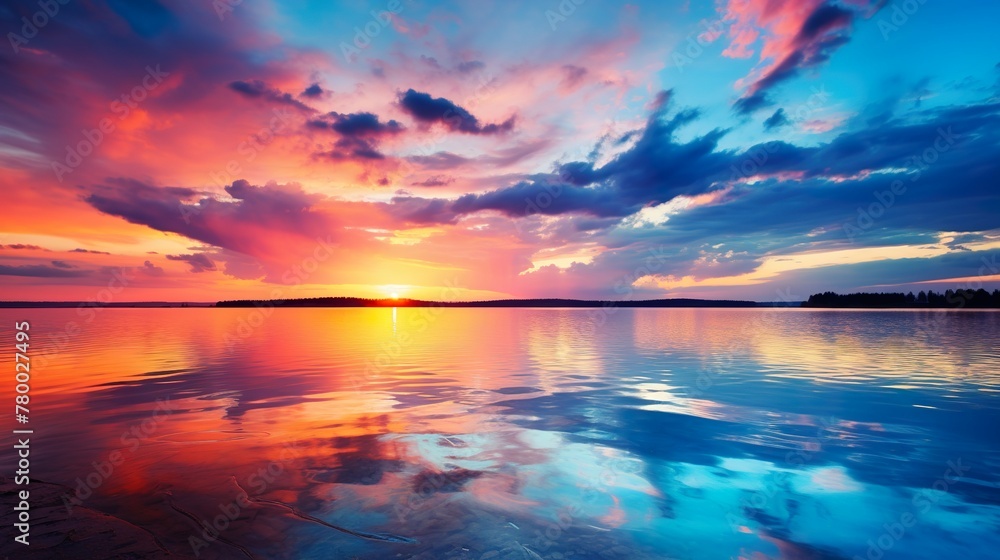 The sky explodes with fiery hues as the sun sets over a calm lake, creating a mirror-like reflection
