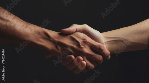 Hand shake close up on dark background, deal, agreement, partnership concept