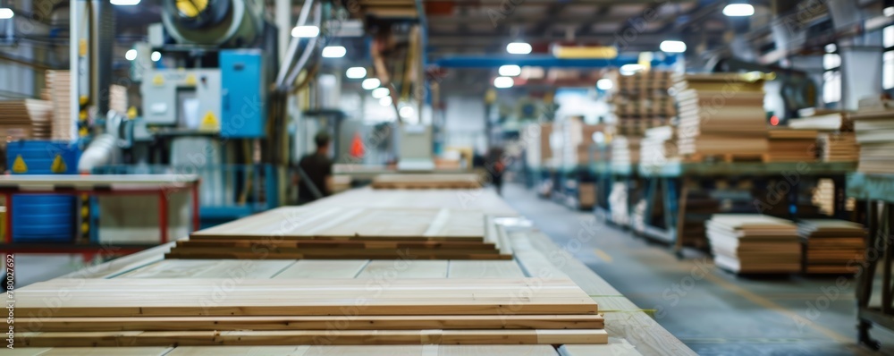 Wooden planks and panels aligned in the foreground with blurred machinery and workers in the background in a furniture factory.