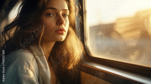 Portrait of a woman with flowing hair, contemplating the passing scenery.