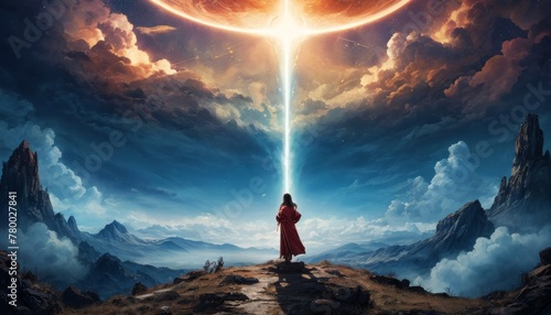 A person in a red cloak gazes at an extraordinary cosmic event, with a powerful beam connecting heaven and earth