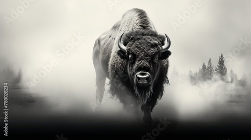 Close-up digital art of a bison with a intense stare, emphasizing the power and presence of the animal