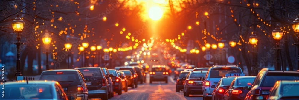Fototapeta premium Nighttime scene of a city street crowded with vehicles in motion