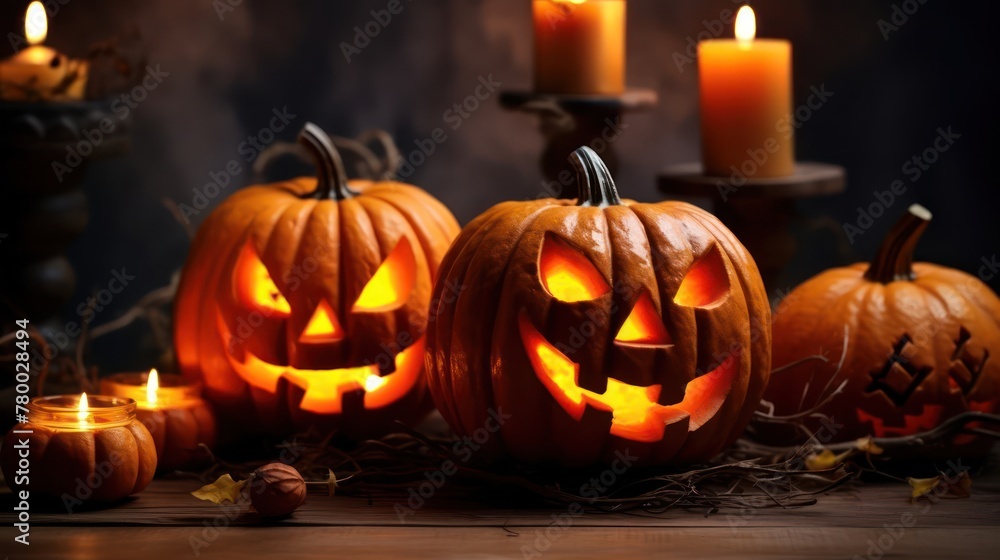 Fototapeta premium Pumpkins and bats on a dark background. Halloween holiday concept.