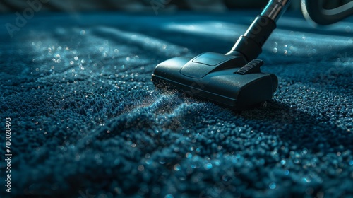 vacuum cleaner leaving a trail on a sunlit blue carpet