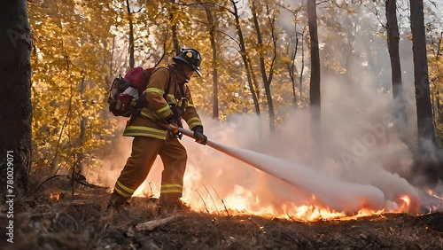 Brave firefighter uses a hose to extinguish a fierce forest fire surrounded by smoke and flames photo