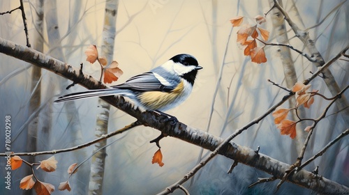 A chickadee perched gracefully among yellowing leaves, illustrating the beauty of nature and the change of seasons