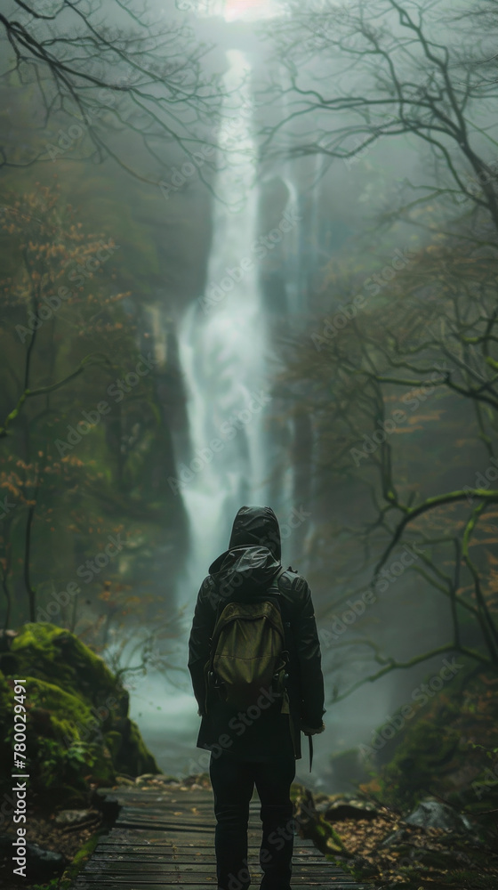 Man Standing in Front of Waterfall With Backpack