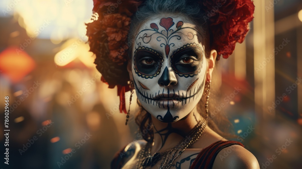A vision of horror and beauty-a girl with sugar skull style makeup at the Mardi Gras festival, celebrating in eerie glamour. A vision of horror and beauty-a girl with sugar skull style makeup at the Mardi Gras festival, celebrating in eerie glamour.