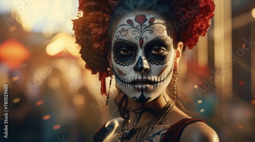 A vision of horror and beauty-a girl with sugar skull style makeup at the Mardi Gras festival, celebrating in eerie glamour. © ProPhotos