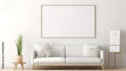 This stylish living room scene highlights a pristine white sofa accented by a blank frame, ready for artistic expression or branding © Damerfie