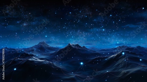 An enchanting night sky filled with stars over a serene digital mountain landscape depicting the beauty of nature and technology