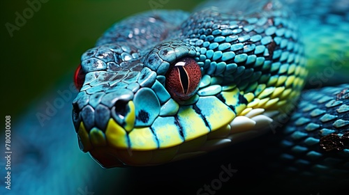 This image captures the intricate details and vivid colors of a snake's scales, with a focus on its captivating eye