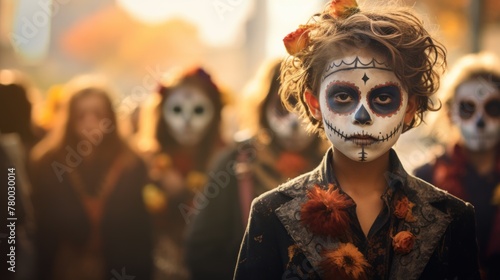 Spooky beauty in the crowd-a little girl with sugar skull style makeup, part of the Mardi Gras festivities in a vibrant city setting. photo