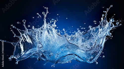 Intense image of water splash showcasing the beauty of a liquid in motion, highlighted against a deep blue background