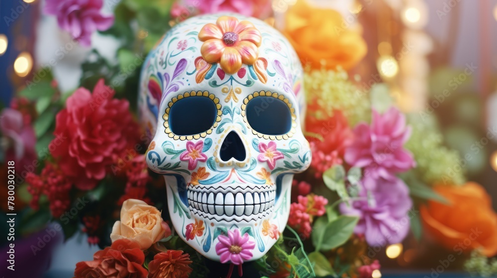 Festive allure in a design-a skull decorated with vibrant flowers, a symbolic expression of Mardi Gras celebration. Festive allure in a design-a skull decorated with vibrant flowers, a symbolic expression of Mardi Gras celebration.
