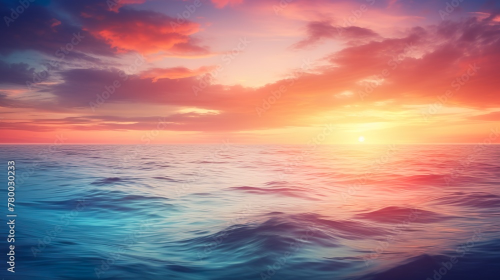 A calming scene of the ocean under a sky painted with pink and blue hues as the sun dips below the horizon