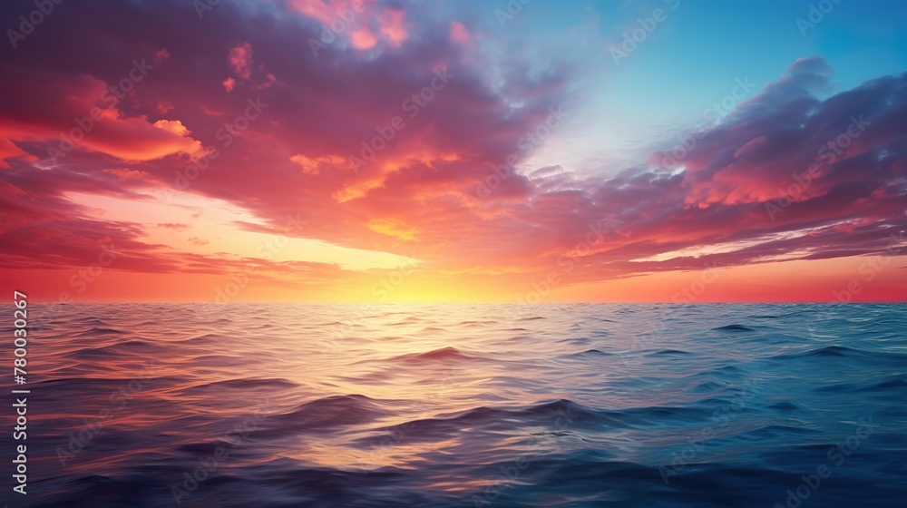 The ocean's horizon is set ablaze with a dramatic sunset sky, reflecting on the endless sea below