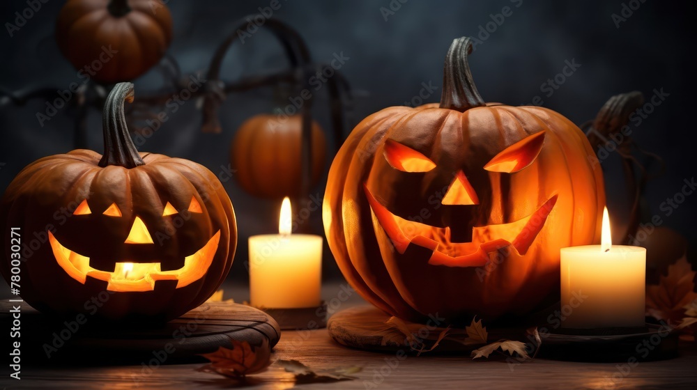 Pumpkins and bats on a dark background. Halloween holiday concept. Pumpkins and bats on a dark background. Halloween holiday concept.
