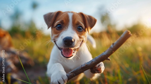 Small Brown and White Dog Holding a Stick